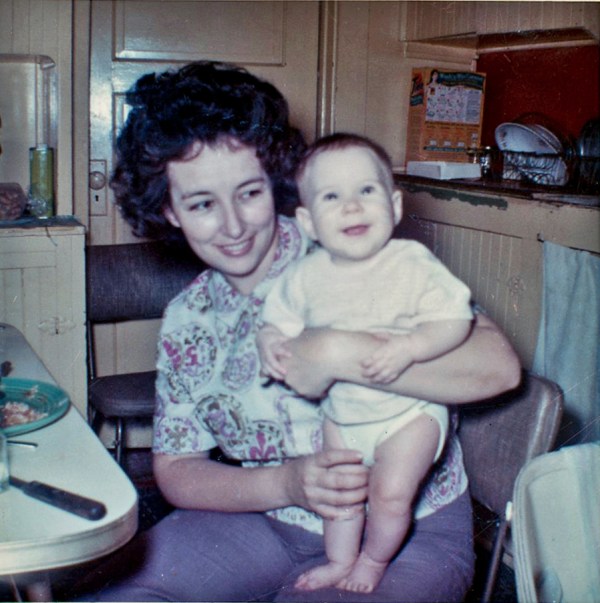 Mom and Kathy happy and smiling in the kitchen March 1962 in Los Angeles